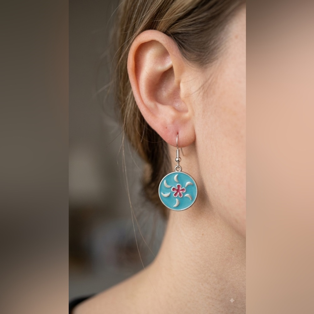 Turquoise and Pink Round Enamel Dangle Earrings